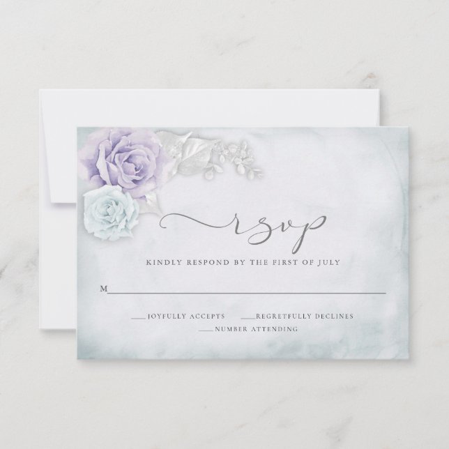 Vintage Elegant Blue and Lilac Roses RSVP Card (Front)