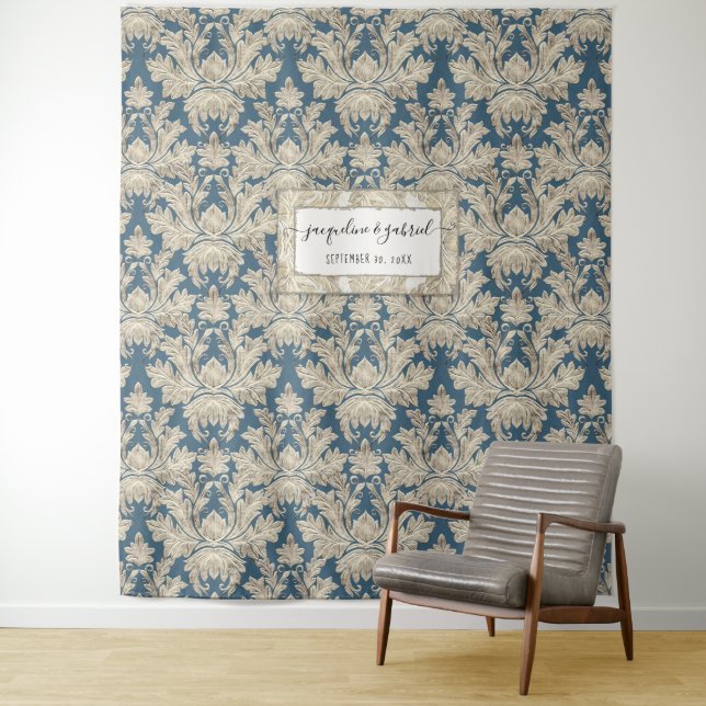 Vintage Elegant Blue Damask Wedding Photo Backdrop Tapestry (In Situ)