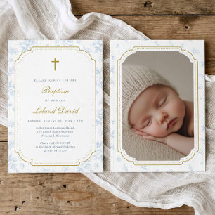 Vintage Elegant Blue Toile Boy Photo Baptism Invitation