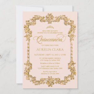 Vintage Elegant Blush Pink Gold Tiara Quinceanera Invitation