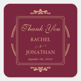 Vintage Elegant Burgundy & Gold Wedding Thank You Square Sticker