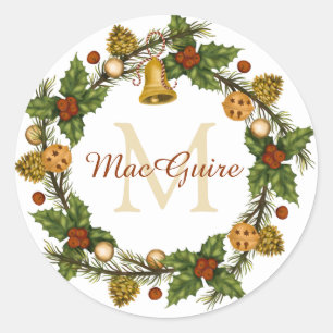 Vintage Elegant Christmas Wreath Monogram Initial Classic Round Sticker