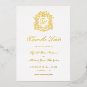 Vintage Elegant Crest Monogram Save the Date Gold