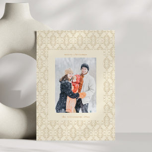 Vintage Elegant Damask Cream Christmas Photo Holiday Card