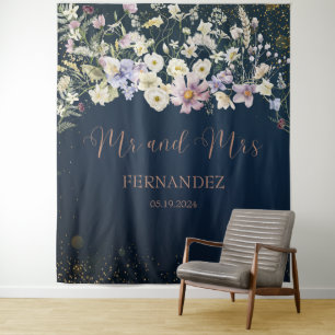 Vintage Elegant Dark Blue Floral Wedding Backdrop Tapestry