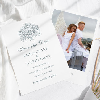 Vintage Elegant Dusty Blue Photo Save the Date Invitation