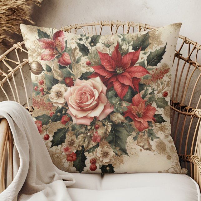 Vintage Elegant Floral Christmas Throw Pillow (Vintage Elegant Floral Christmas Throw Pillow in a boho rattan armchair.)