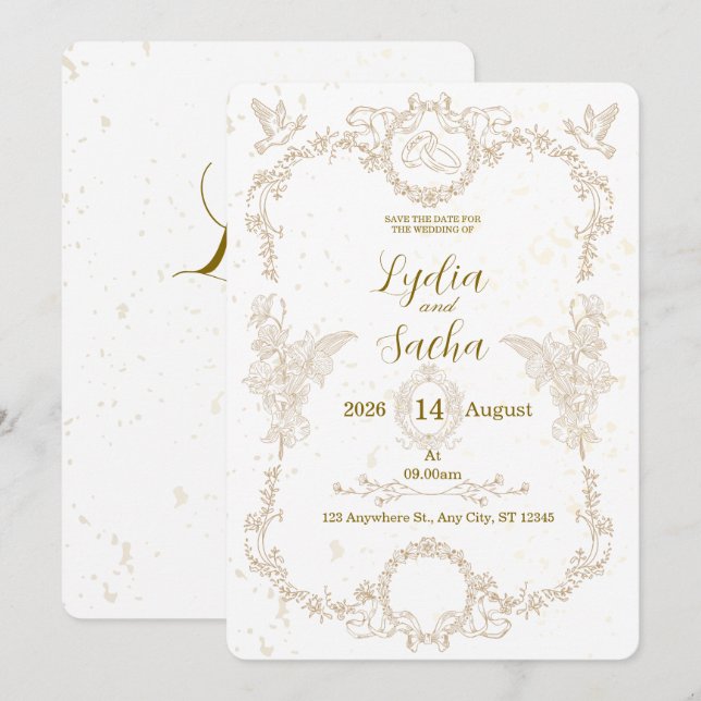 Vintage Elegant Floral Frame Wedding Invitation (Front/Back)