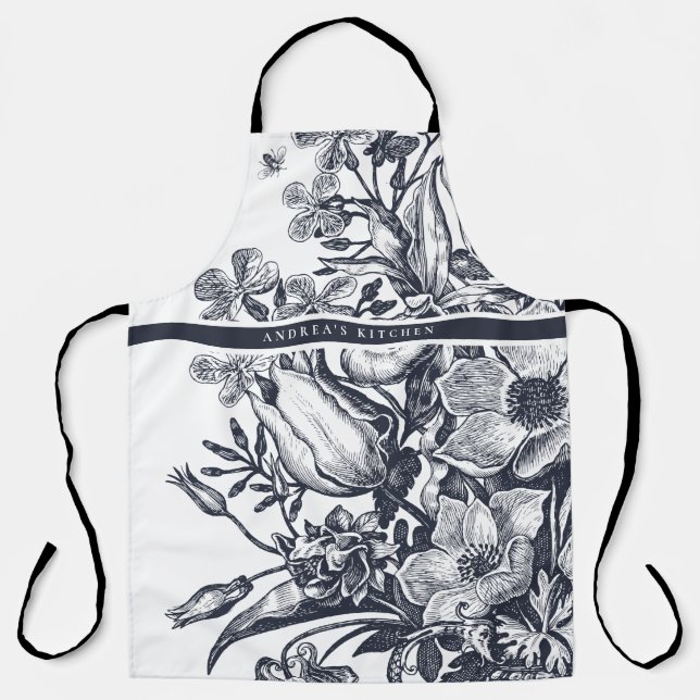 Vintage Elegant Floral Navy & white Apron (Front)