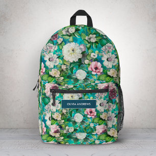 Vintage Elegant floral pink flowers blue monogram Printed Backpack