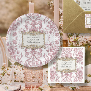 Vintage Elegant Floral Pink n White w Gold Bridal Paper Plate
