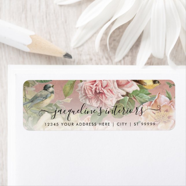 Vintage Elegant Floral Pink Roses Botanical Birds (Insitu)
