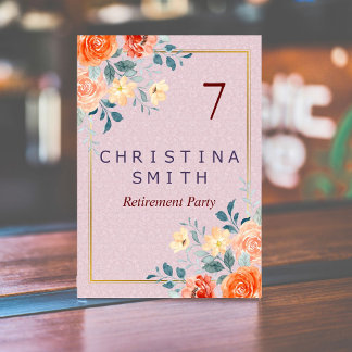 Vintage Elegant Floral Watercolor Retirement Party Table Number