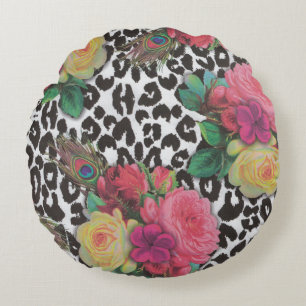 vintage elegant flowers cheetah peacock floral round pillow