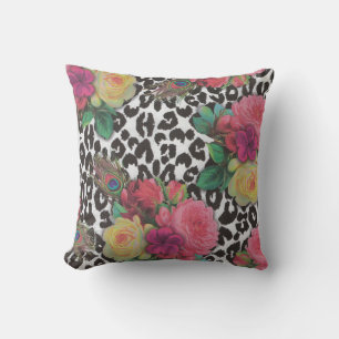 vintage elegant flowers cheetah peacock floral   throw pillow