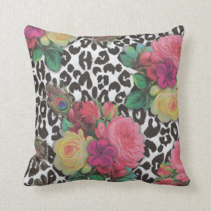vintage elegant flowers cheetah peacock floral throw pillow