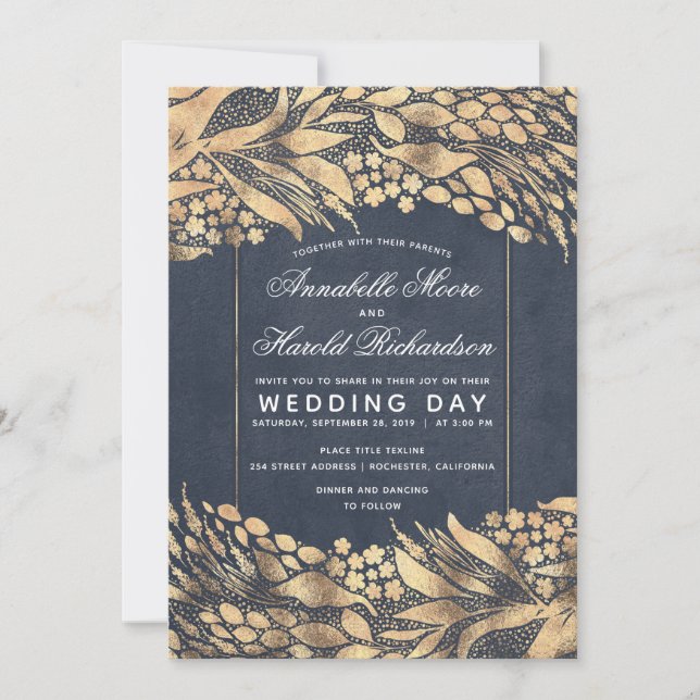 Vintage Elegant Gold Foliage Frame Wedding Invitation (Front)