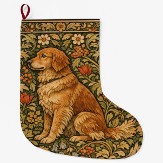 Vintage elegant Golden Retriever boho painting Large Christmas Stocking