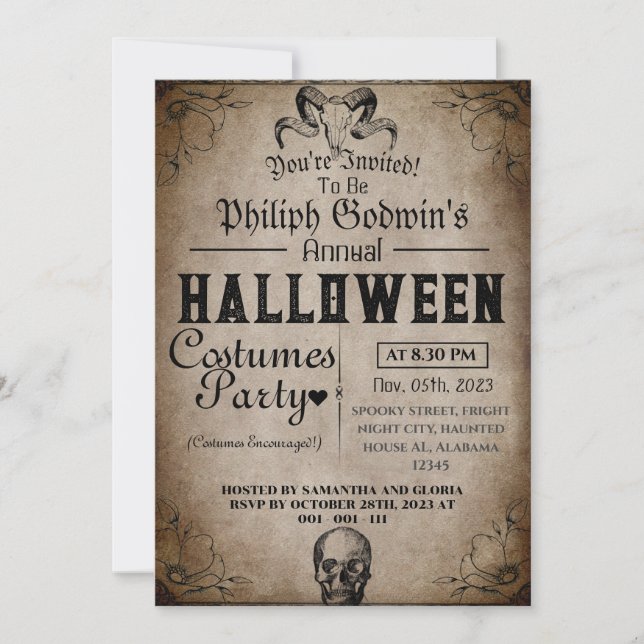 Vintage Elegant Gothic Halloween Costume Party  In Invitation (Front)