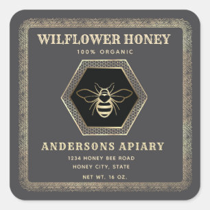 Vintage elegant hexagon bee honey jar square sticker
