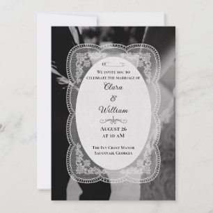 Vintage Elegant Lace Border Dark Navy Wedding  Invitation