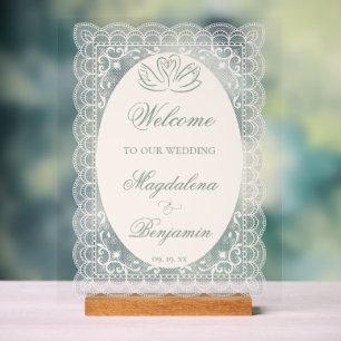 Vintage Elegant Lace Sage Green Swans Wedding Acrylic Sign