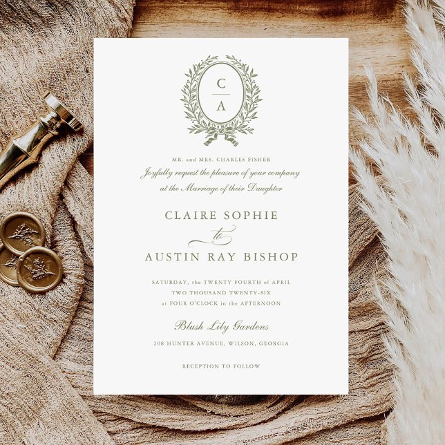 Vintage Elegant Leaf Wreath Monogram Crest Wedding Invitation (Creator Uploaded)
