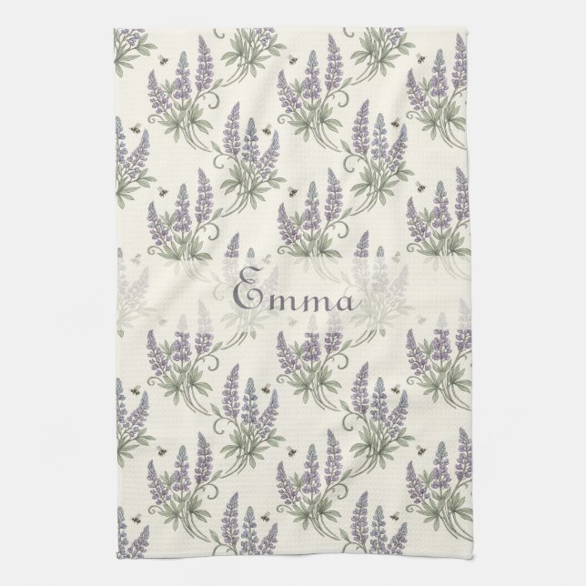 Vintage Elegant Lupine & Bees Botanical Pattern –  Kitchen Towel (Vertical)