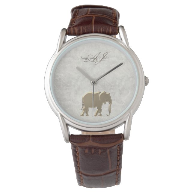 Vintage Elegant Marble Gold Elephant Monogrammed Watch (Front)