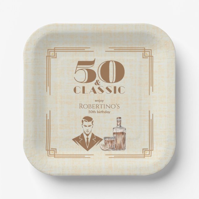 Vintage Elegant Men's Whiskey 50th Birthday Paper Plate (Front)