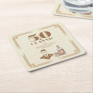Vintage Elegant Men's Whiskey 50th Birthday Square Paper Coaster