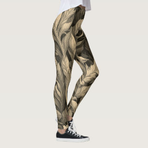 Vintage Elegant Monochrome Beige Botanical Pattern Leggings