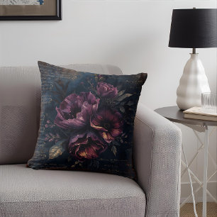 Vintage Elegant Mystery Deep Indigo Gothic Floral Throw Pillow