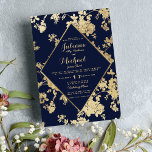 Vintage elegant navy blue faux gold floral wedding invitation<br><div class="desc">A vintage elegant navy blue and faux gold foil floral wedding invitation.</div>