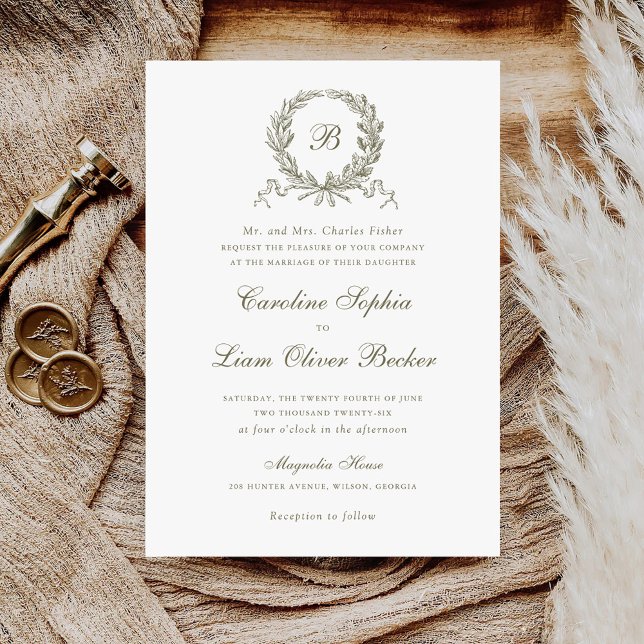 Vintage Elegant Olive Oak Wreath Monogram Wedding Invitation (Creator Uploaded)