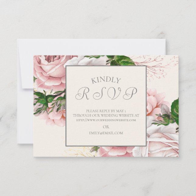 Vintage Elegant Pink Floral Cream Wedding RSVP (Front)
