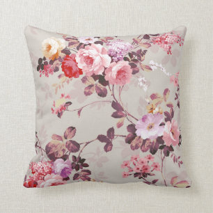Vintage Elegant Pink Red Purple Roses Pattern Throw Pillow