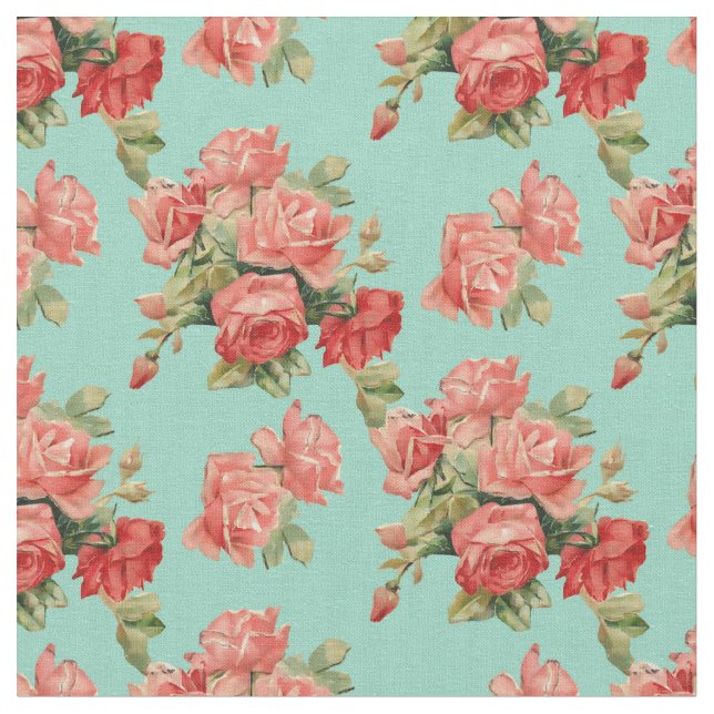 Vintage Elegant Pink Red Roses Pattern Fabric (Close Up)