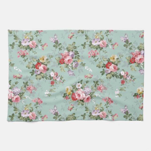 Vintage Elegant Pink Red Roses Pattern Kitchen Towel (Horizontal)