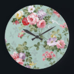 Vintage Elegant Pink Red Roses Pattern Large Clock<br><div class="desc">Vintage cute girly colourful pink red and white roses .A elegant floral design on teal green background .The perfect romantic gift idea for her on any occasion</div>