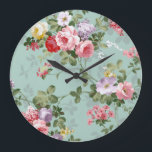 Vintage Elegant Pink Red Roses Pattern Large Clock<br><div class="desc">Vintage cute girly colourful pink red and white roses .A elegant floral design on teal green background .The perfect romantic gift idea for her on any occasion</div>