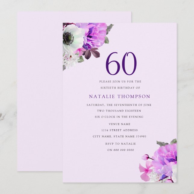Vintage Elegant Purple Flower 60th Birthday Invite (Front/Back)