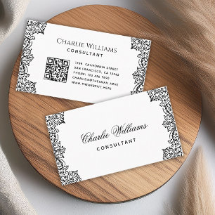 Vintage Elegant QR Code Black White Antique Script Business Card