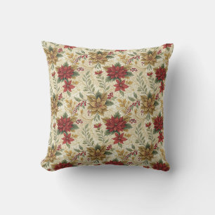 Vintage Elegant Red & Gold Poinsettia Floral Throw Pillow