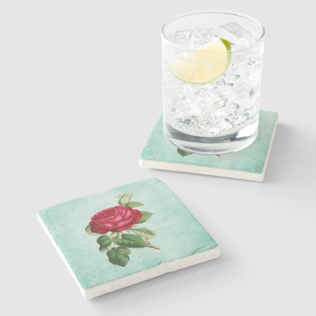 Vintage Elegant Red Rose Illustration Stone Coaster (Side)