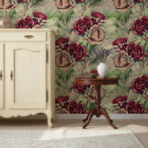 Vintage Elegant Roses And Pine On Wood Wallpaper