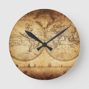 Vintage,elegant,rustic globe, atlas map brownish round clock