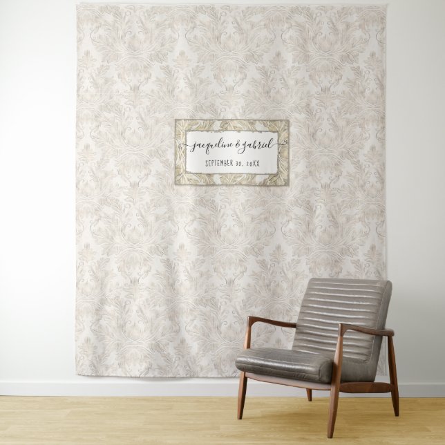 Vintage Elegant Script Damask Wedding Photo Names Tapestry (In Situ)