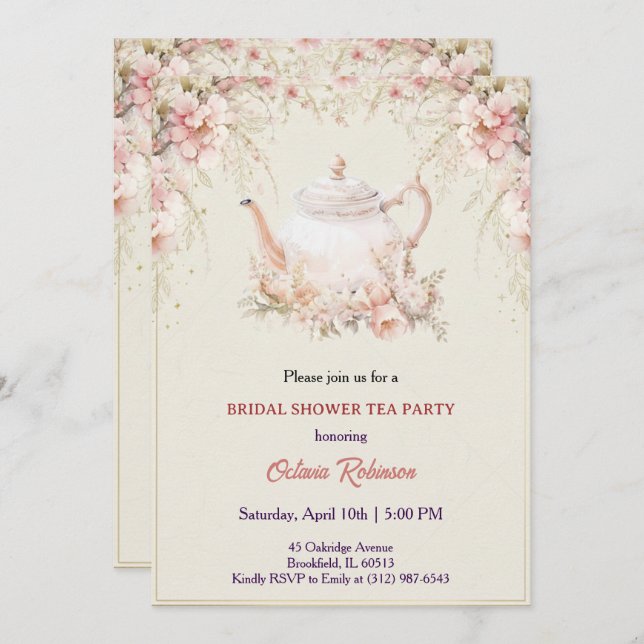 Vintage Elegant Tea Party Bridal Shower Invitation (Devant / Derrière)