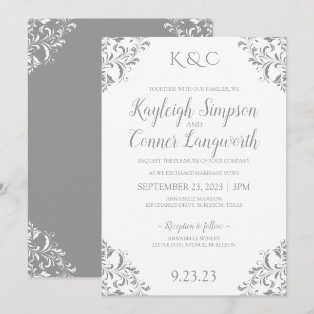 Vintage Elegant Wedding Invitation | Grey (Front/Back)